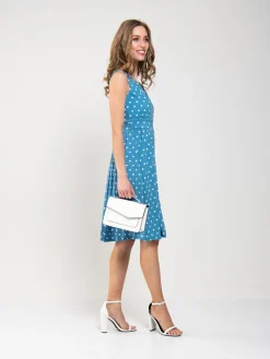 Spotty Printed Round Neck Jersey Dress, Blue Spot
