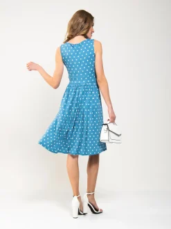 Spotty Printed Round Neck Jersey Dress, Blue Spot