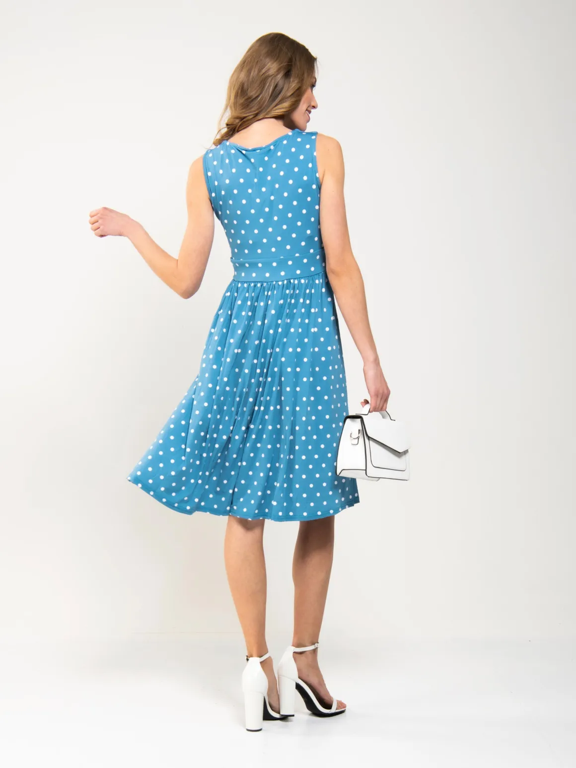 Spotty Printed Round Neck Jersey Dress, Blue Spot