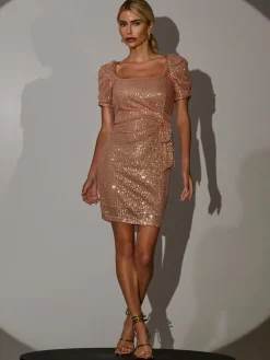 Square Neck Sequin Dress, Champagne