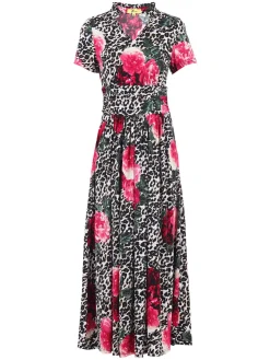 Stand Collar V Neck Print Maxi Dress, Leo Floral