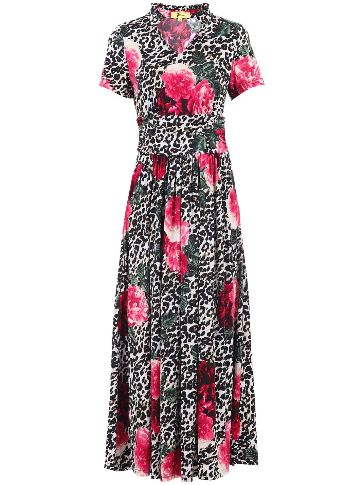 Stand Collar V Neck Print Maxi Dress, Leo Floral