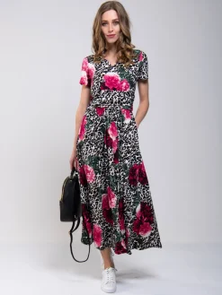 Stand Collar V Neck Print Maxi Dress, Leo Floral