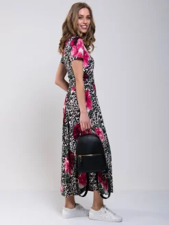 Stand Collar V Neck Print Maxi Dress, Leo Floral