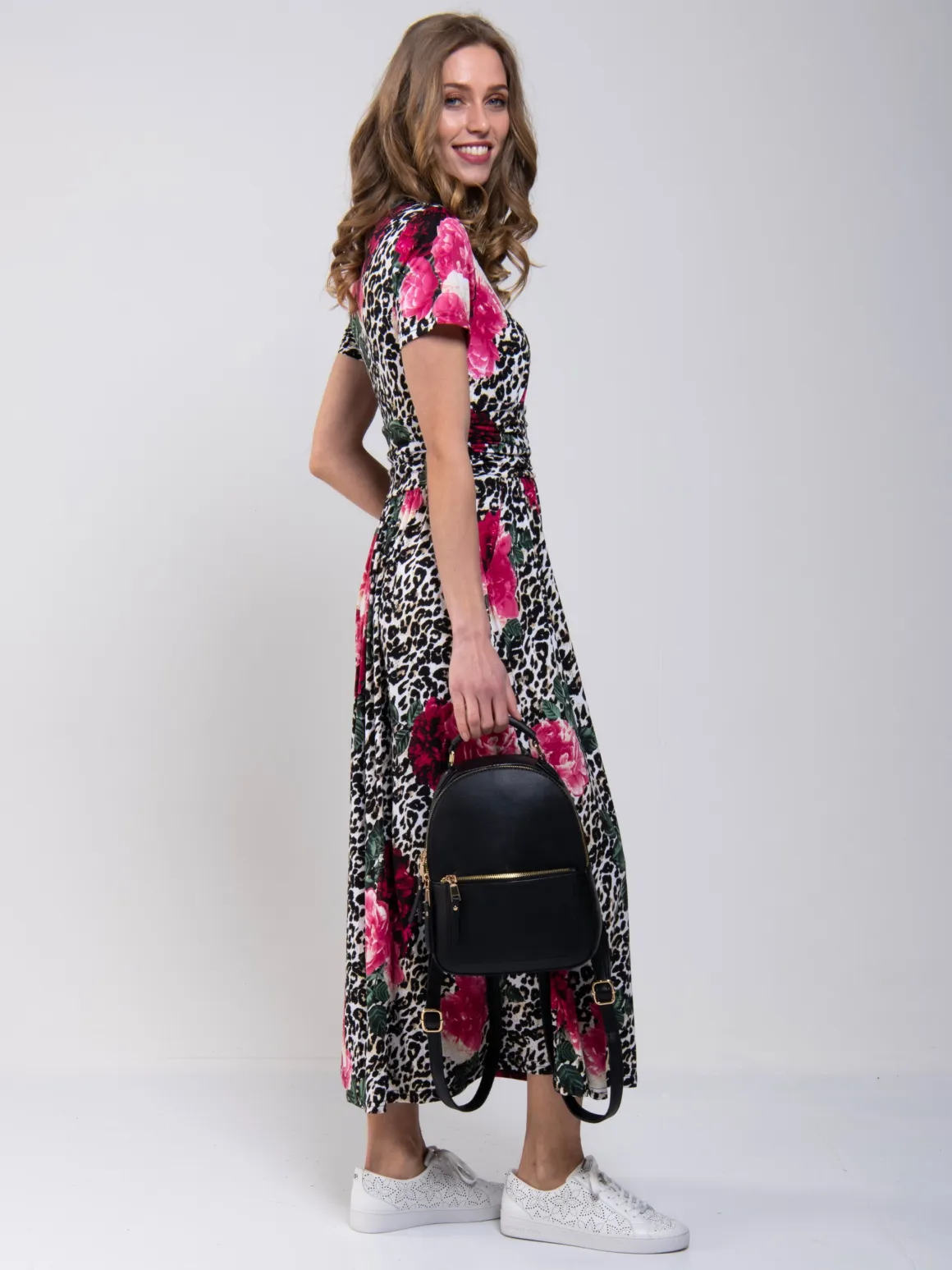 Stand Collar V Neck Print Maxi Dress, Leo Floral