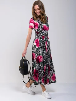 Stand Collar V Neck Print Maxi Dress, Leo Floral