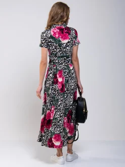 Stand Collar V Neck Print Maxi Dress, Leo Floral