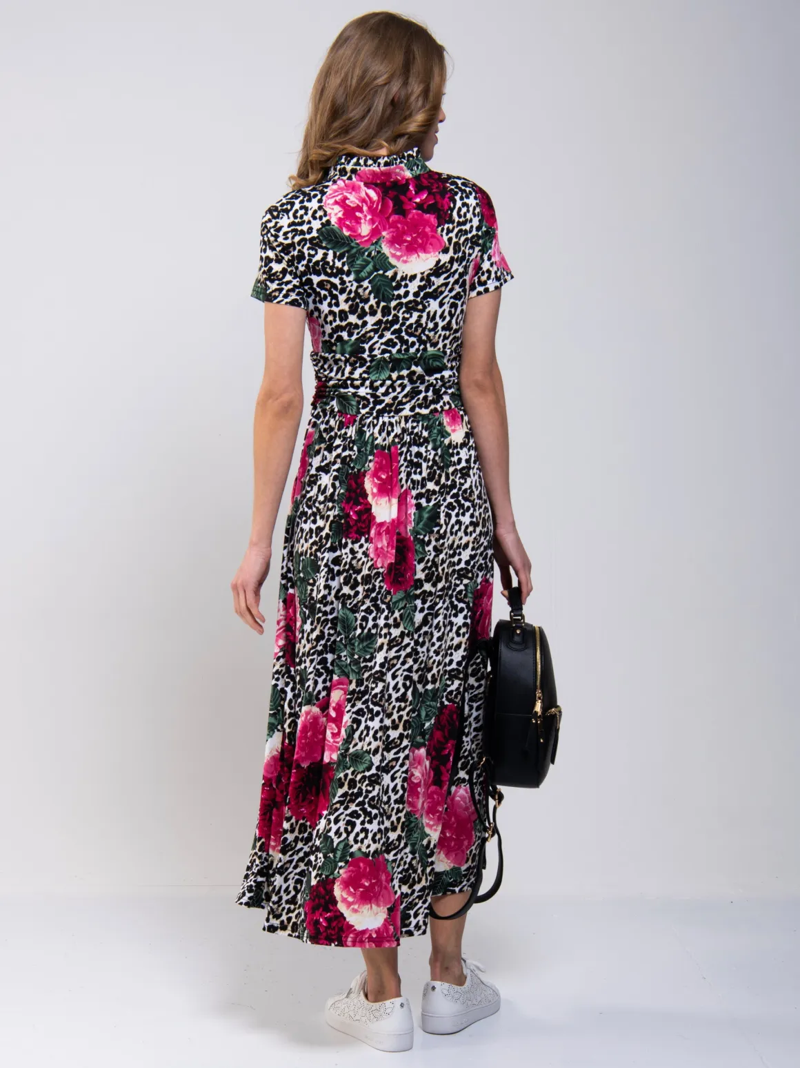 Stand Collar V Neck Print Maxi Dress, Leo Floral