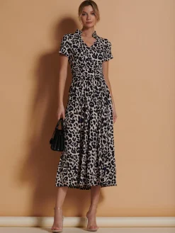 Stand Collar V Neck Print Maxi Dress, Pink Animal