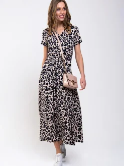 Stand Collar V Neck Print Maxi Dress, Pink Animal