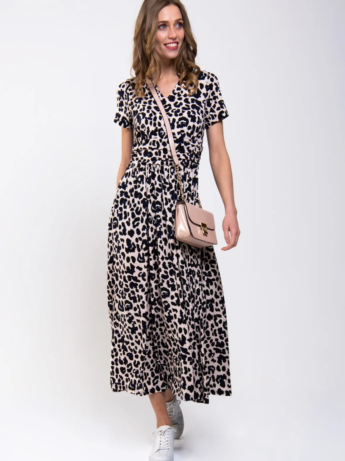 Stand Collar V Neck Print Maxi Dress, Pink Animal