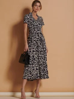 Stand Collar V Neck Print Maxi Dress, Pink Animal