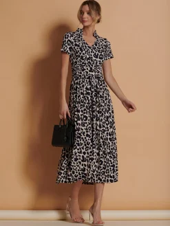 Stand Collar V Neck Print Maxi Dress, Pink Animal