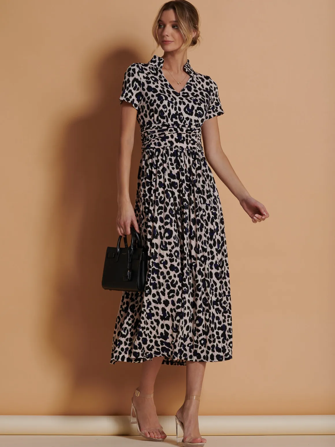 Stand Collar V Neck Print Maxi Dress, Pink Animal