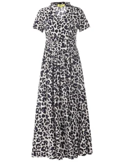 Stand Collar V Neck Print Maxi Dress, Pink Animal