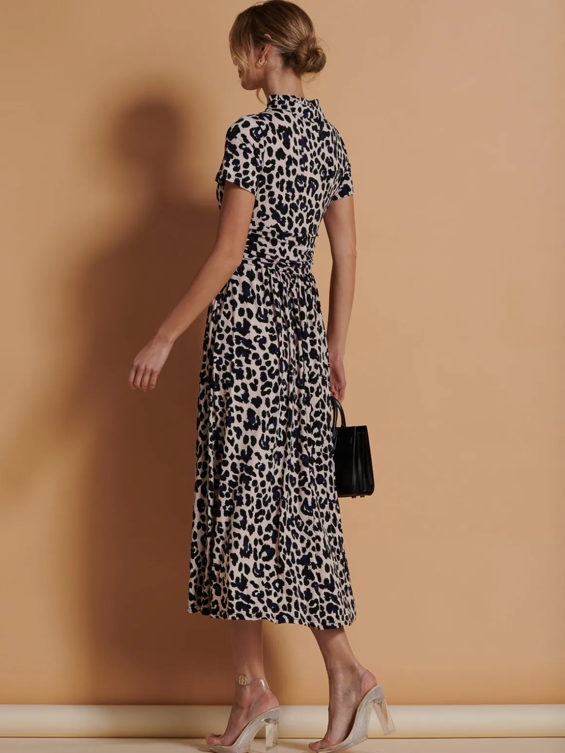 Stand Collar V Neck Print Maxi Dress, Pink Animal