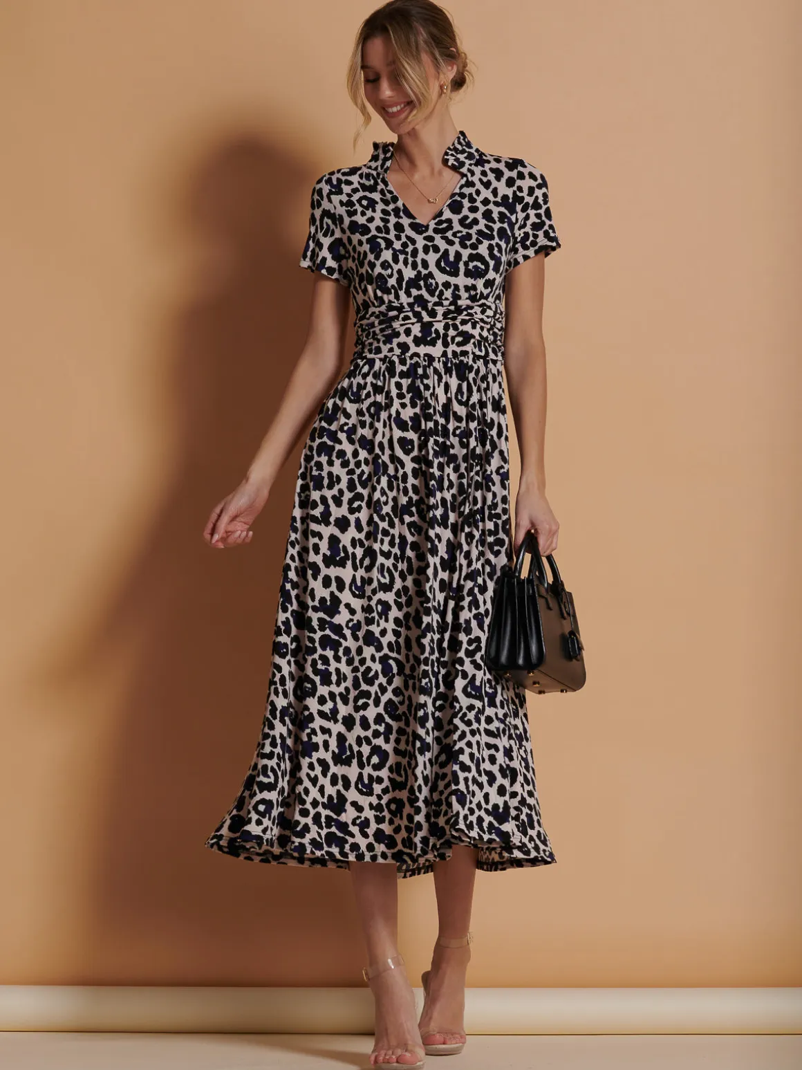Stand Collar V Neck Print Maxi Dress, Pink Animal