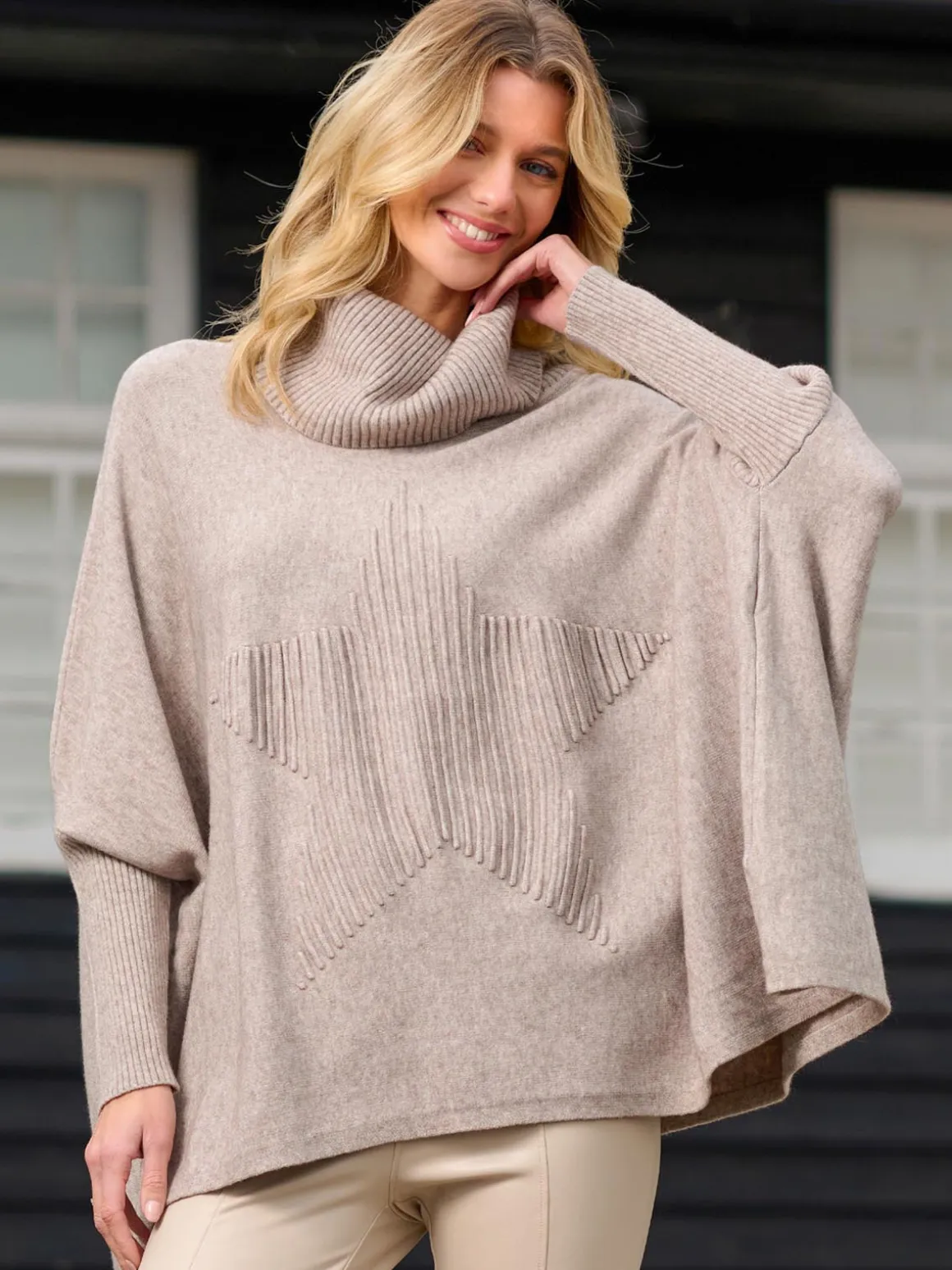 Star Front Roll Neck Knit Jumper, Taupe