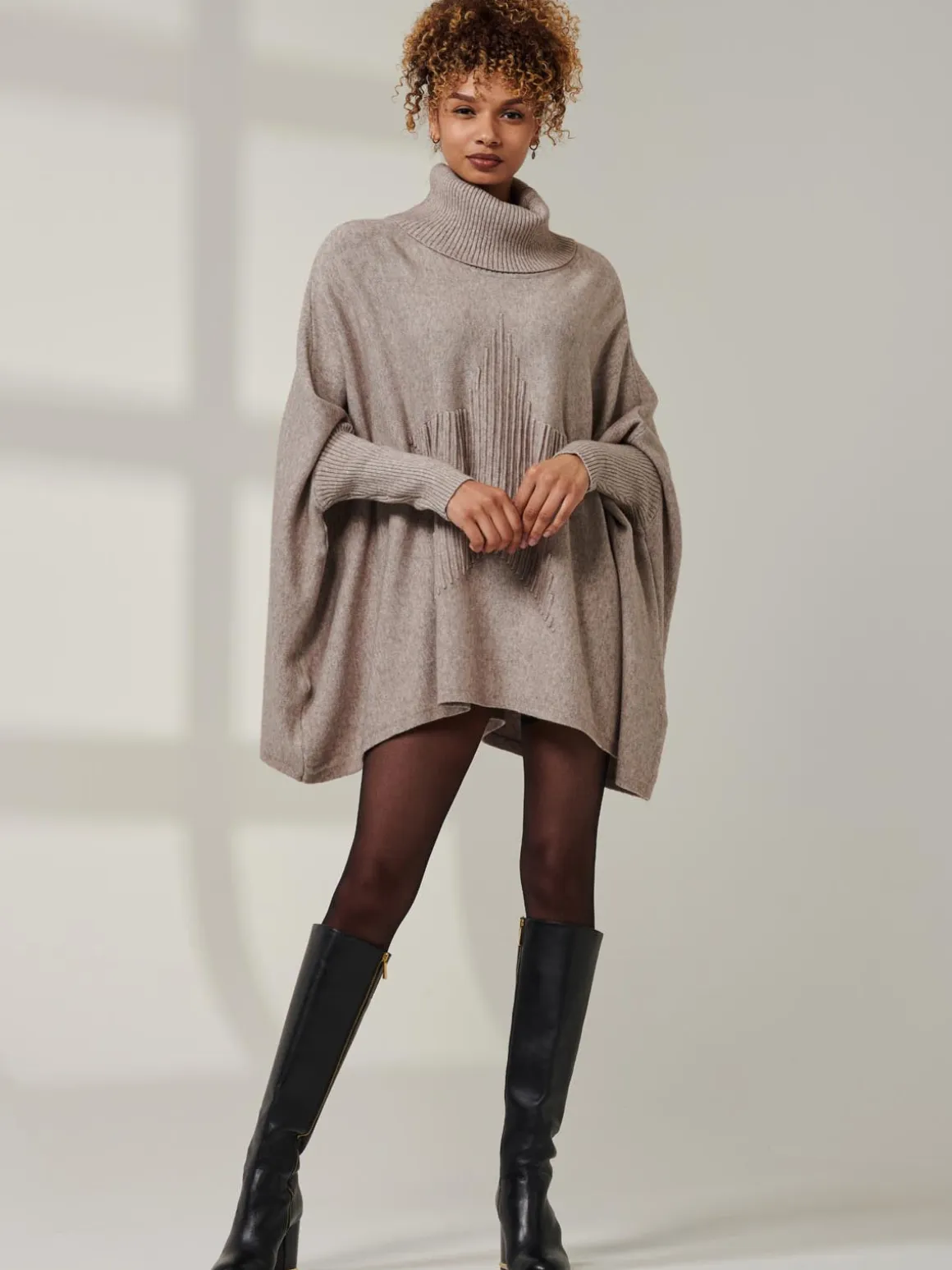 Star Front Roll Neck Knit Jumper, Taupe