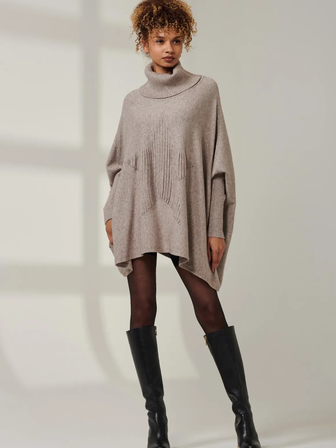 Star Front Roll Neck Knit Jumper, Taupe