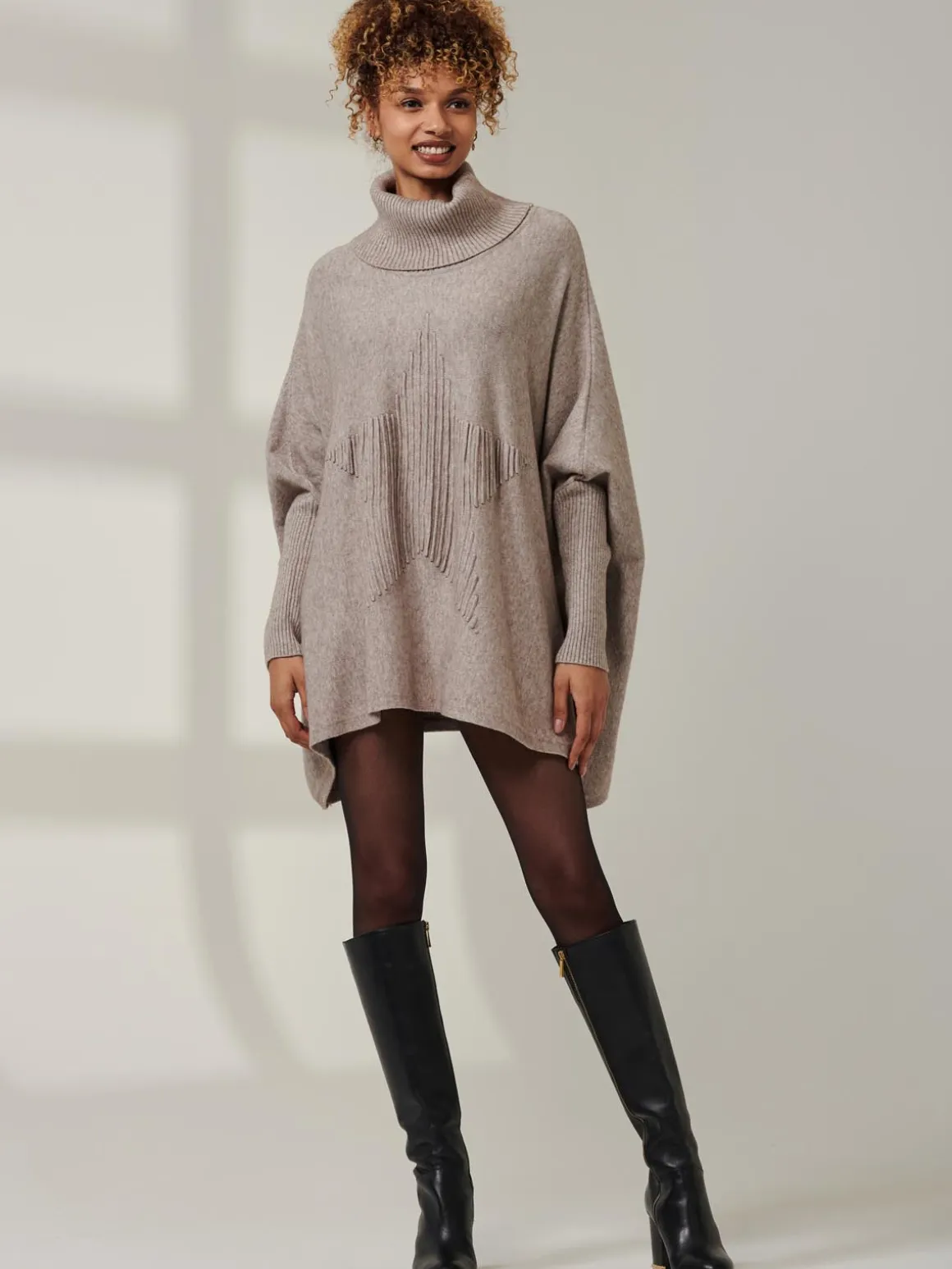 Star Front Roll Neck Knit Jumper, Taupe