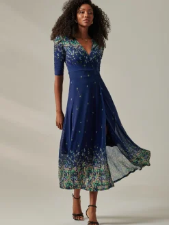 Stella Floral Print Wrap Mesh Maxi Dress, Blue Yellow Multi