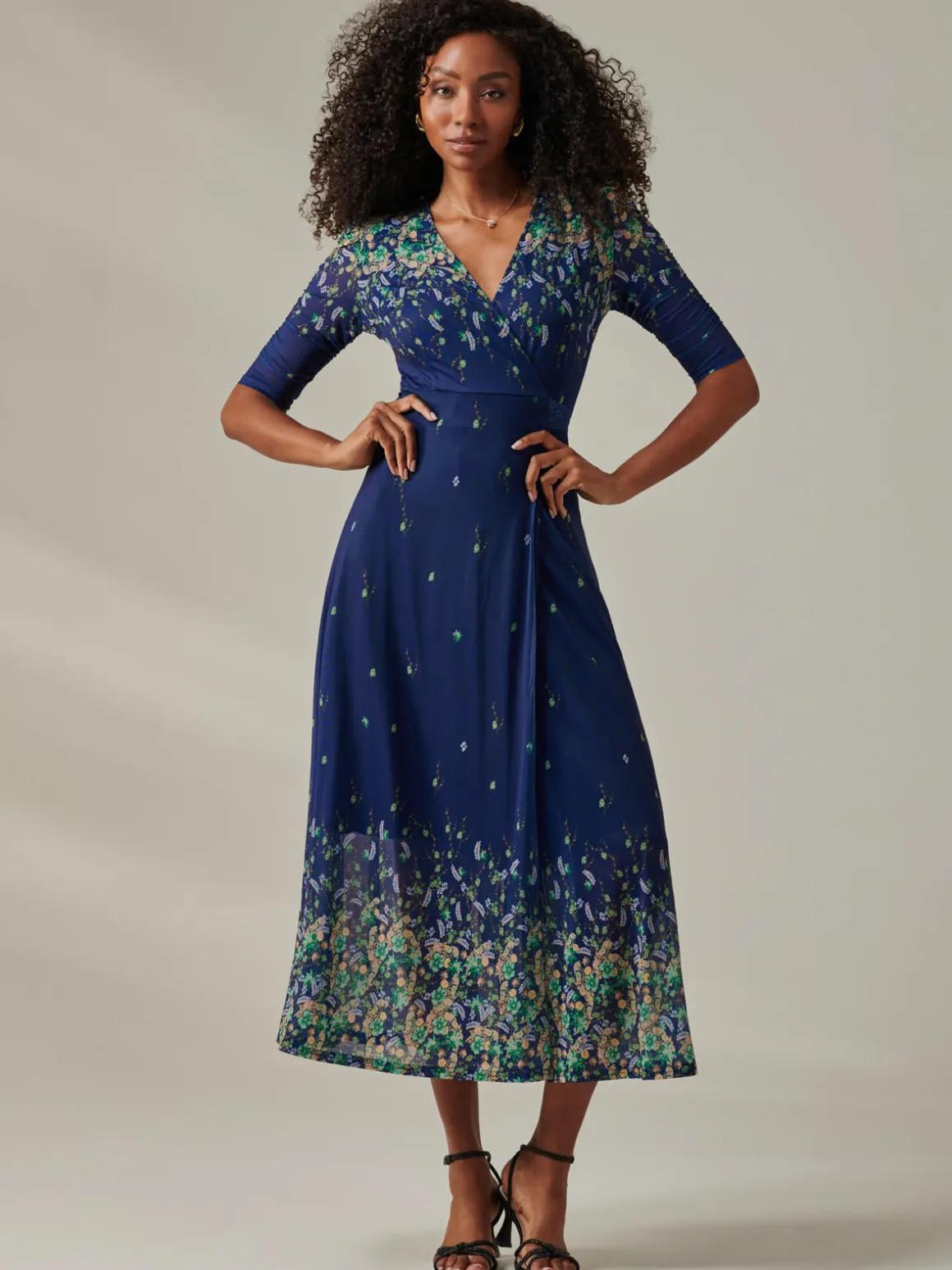 Stella Floral Print Wrap Mesh Maxi Dress, Blue Yellow Multi
