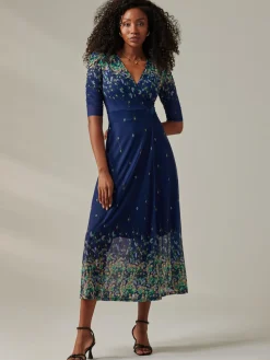 Stella Floral Print Wrap Mesh Maxi Dress, Blue Yellow Multi