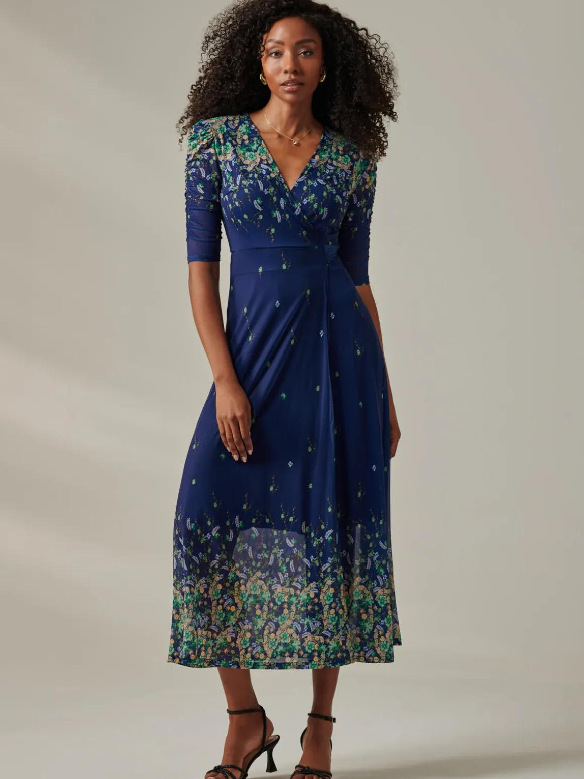 Stella Floral Print Wrap Mesh Maxi Dress, Blue Yellow Multi