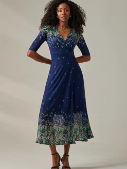 Stella Floral Print Wrap Mesh Maxi Dress, Blue Yellow Multi