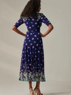 Stella Floral Print Wrap Mesh Maxi Dress, Navy Floral