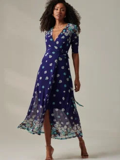 Stella Floral Print Wrap Mesh Maxi Dress, Navy Floral