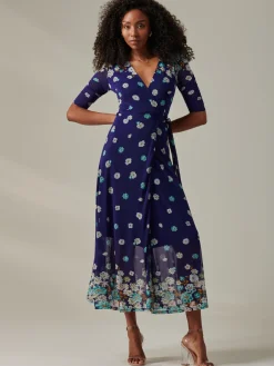 Stella Floral Print Wrap Mesh Maxi Dress, Navy Floral