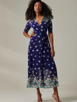 Stella Floral Print Wrap Mesh Maxi Dress, Navy Floral