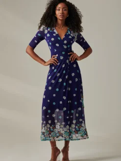 Stella Floral Print Wrap Mesh Maxi Dress, Navy Floral