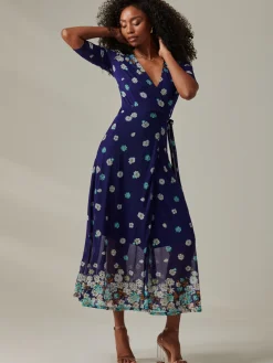Stella Floral Print Wrap Mesh Maxi Dress, Navy Floral
