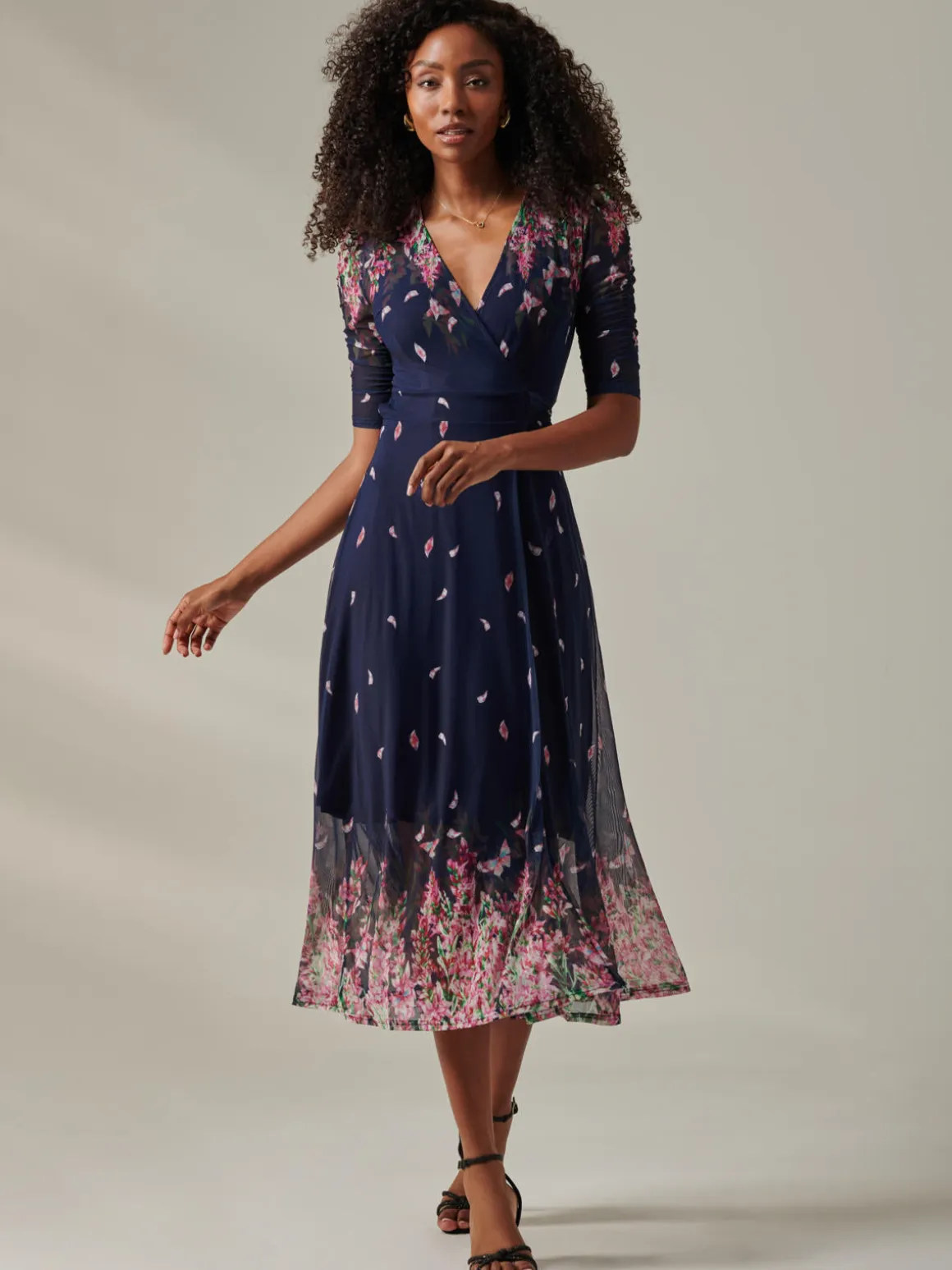 Stella Floral Print Wrap Mesh Maxi Dress, Navy Pink Multi