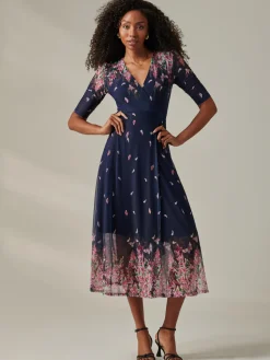 Stella Floral Print Wrap Mesh Maxi Dress, Navy Pink Multi