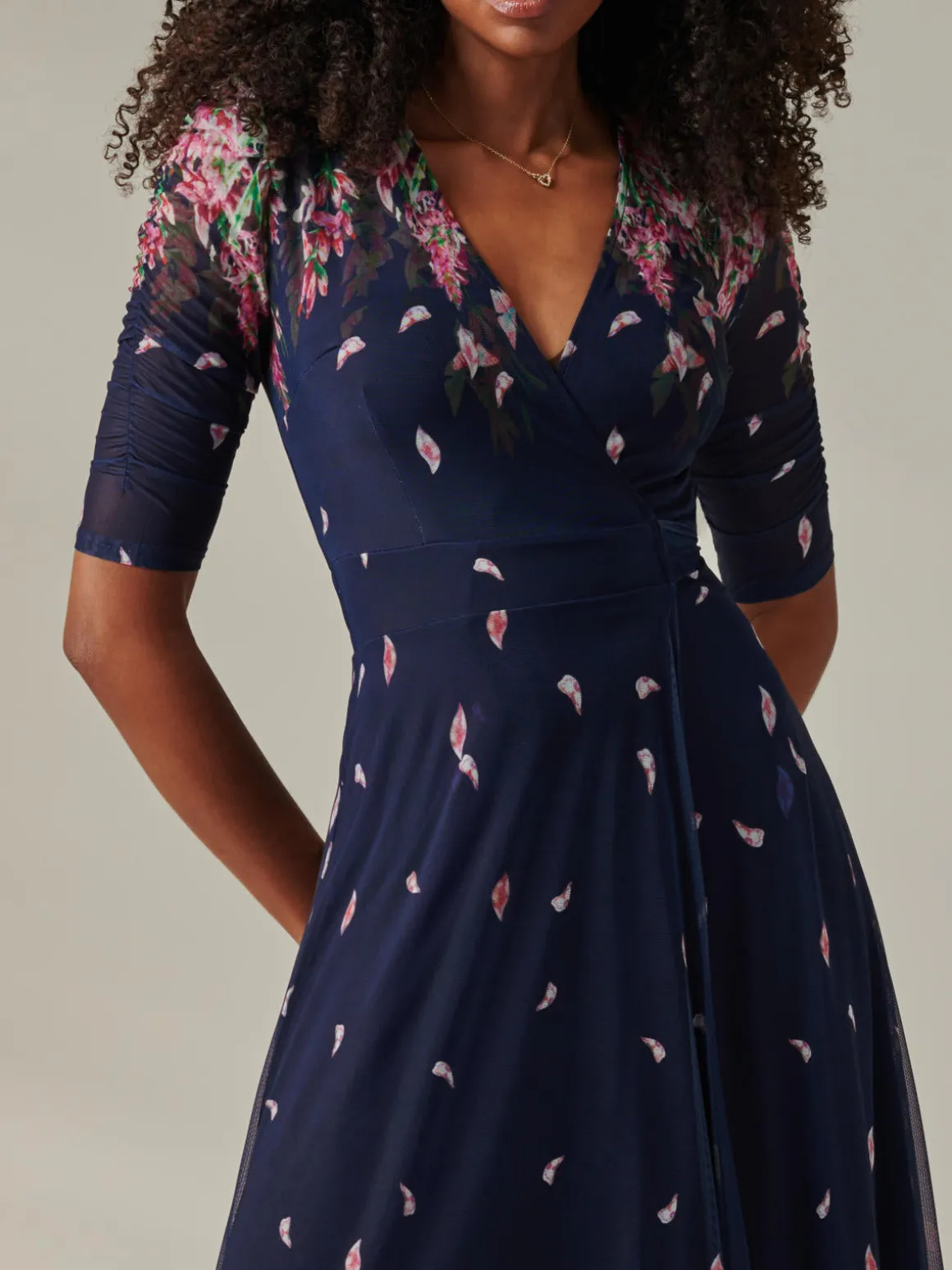 Stella Floral Print Wrap Mesh Maxi Dress, Navy Pink Multi