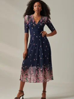 Stella Floral Print Wrap Mesh Maxi Dress, Navy Pink Multi