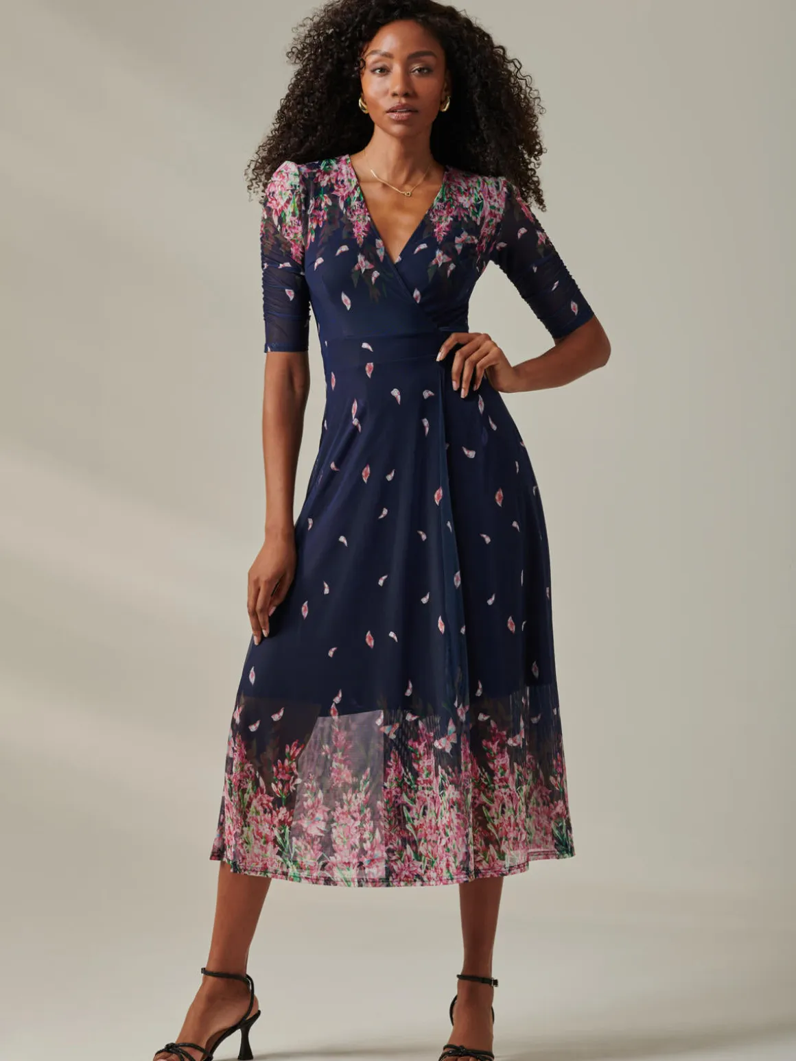 Stella Floral Print Wrap Mesh Maxi Dress, Navy Pink Multi