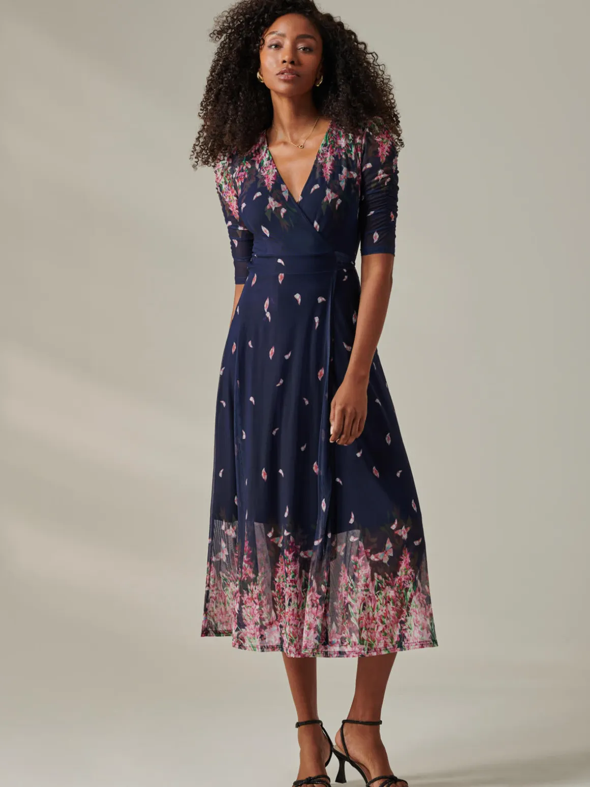 Stella Floral Print Wrap Mesh Maxi Dress, Navy Pink Multi