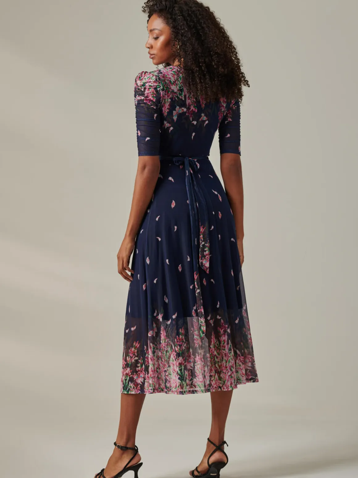 Stella Floral Print Wrap Mesh Maxi Dress, Navy Pink Multi