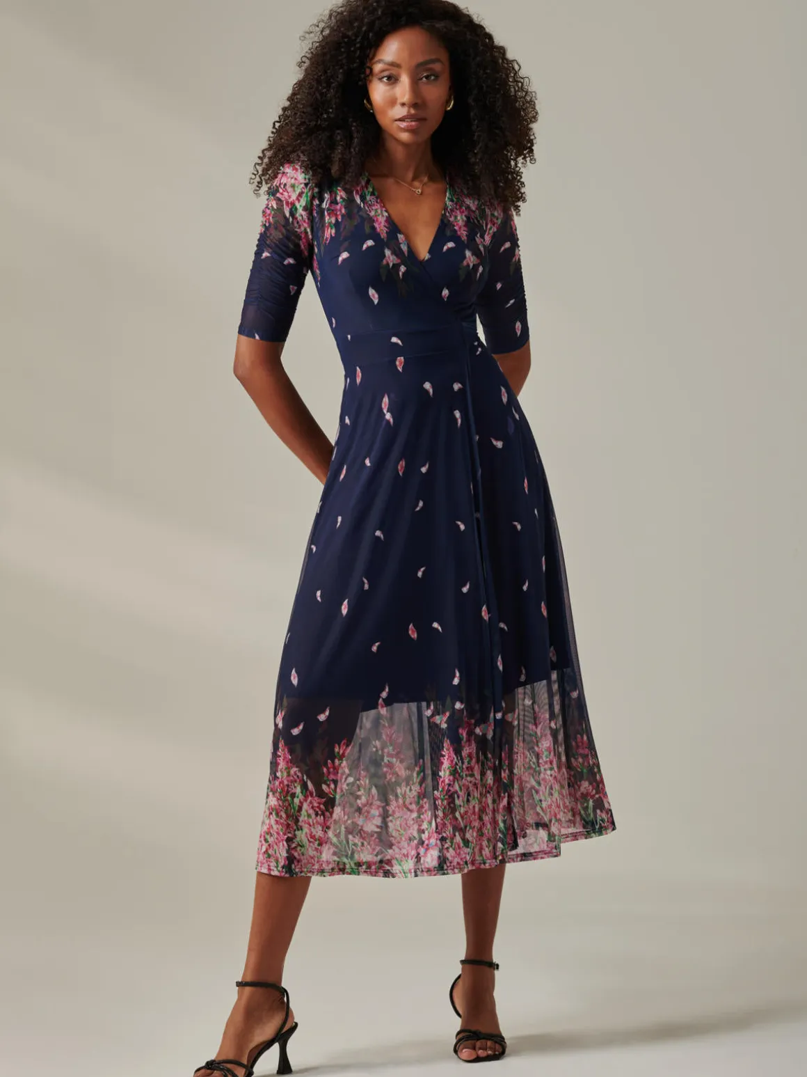 Stella Floral Print Wrap Mesh Maxi Dress, Navy Pink Multi