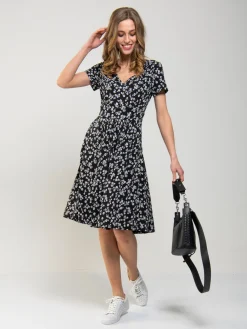 Sweetheart Neck Swing Dress, Black/White