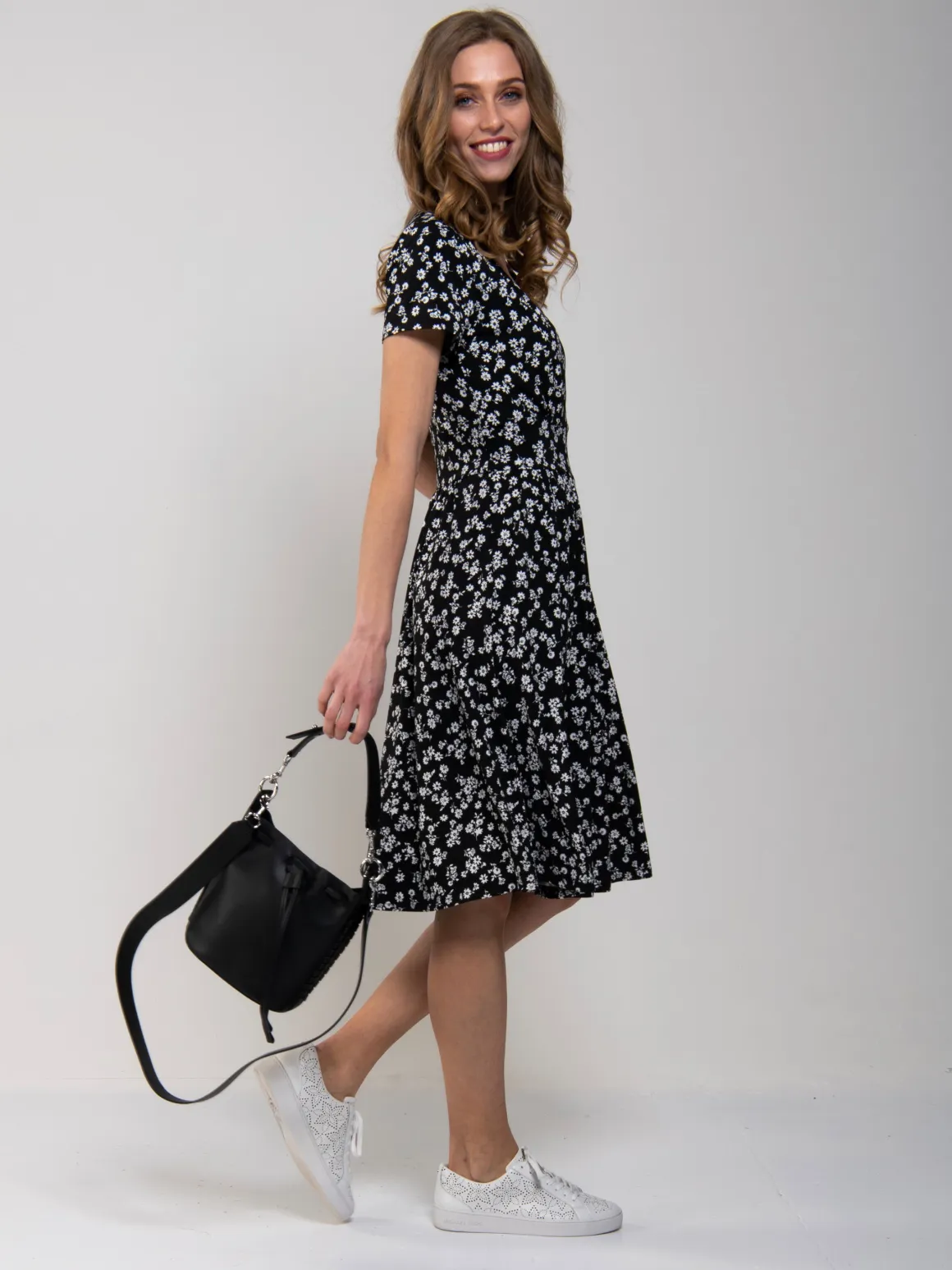Sweetheart Neck Swing Dress, Black/White