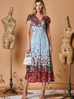 Symmetrical Floral Print Mesh Maxi Dress, Blue Multi