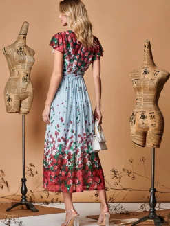 Symmetrical Floral Print Mesh Maxi Dress, Blue Multi
