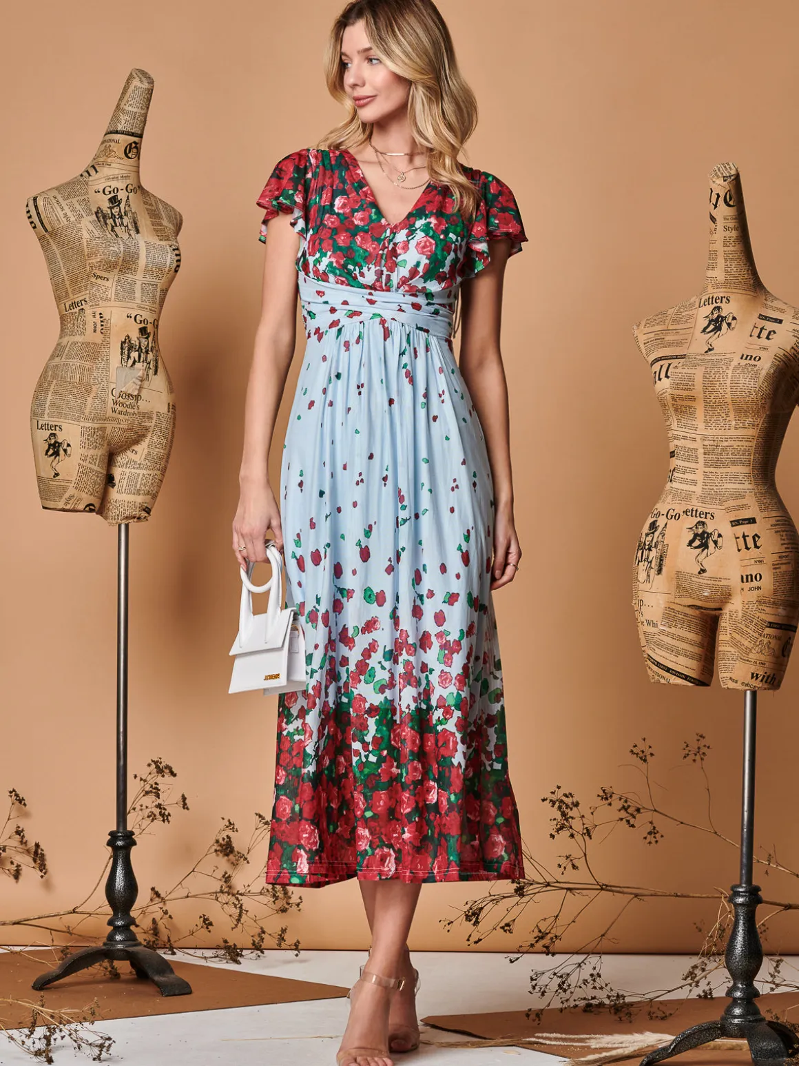 Symmetrical Floral Print Mesh Maxi Dress, Blue Multi