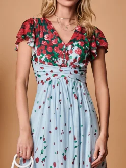 Symmetrical Floral Print Mesh Maxi Dress, Blue Multi